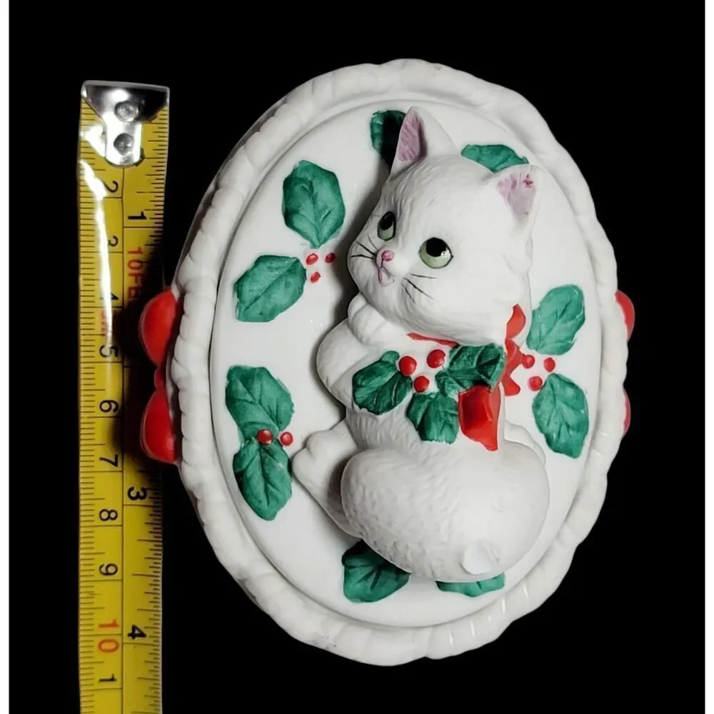 VTG Lefton Porcelain Christmas Kitty Trinket‎ Dish Bowl Holly Ribbon 1987 READ